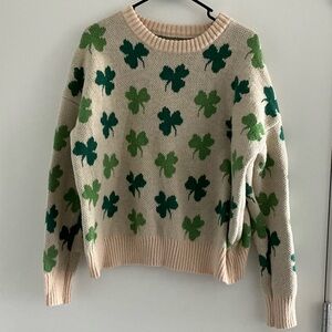 Cream and Green Shamrock Crew Neck Sweater
